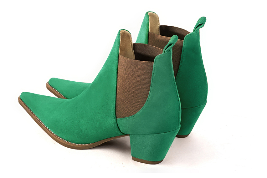 Emerald green and taupe brown women's ankle boots, with elastics. Pointed toe. Medium cone heels. Rear view - Florence KOOIJMAN